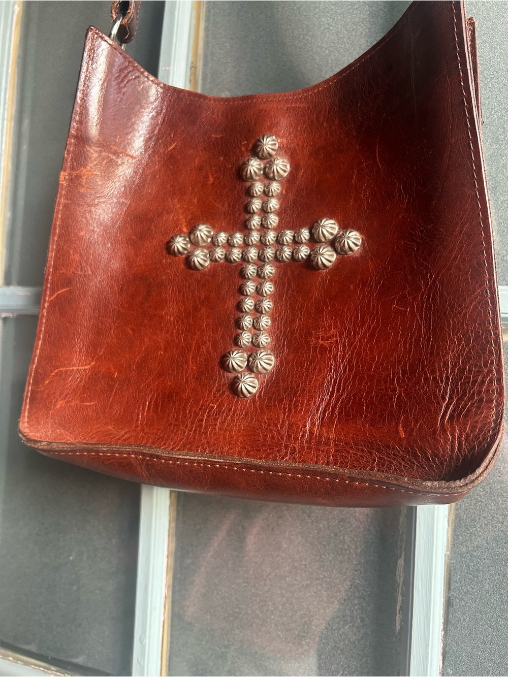 Two Bar West Western Leather Handbag Silver Studded Cross Brown Shoulder Purse - Picture 8 of 11